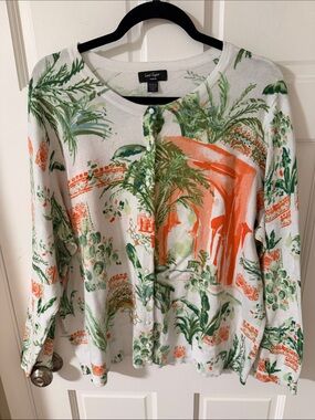 Lord & Taylor Cotton Garden Print Cardigan Sweater White Orange Green Size 3X